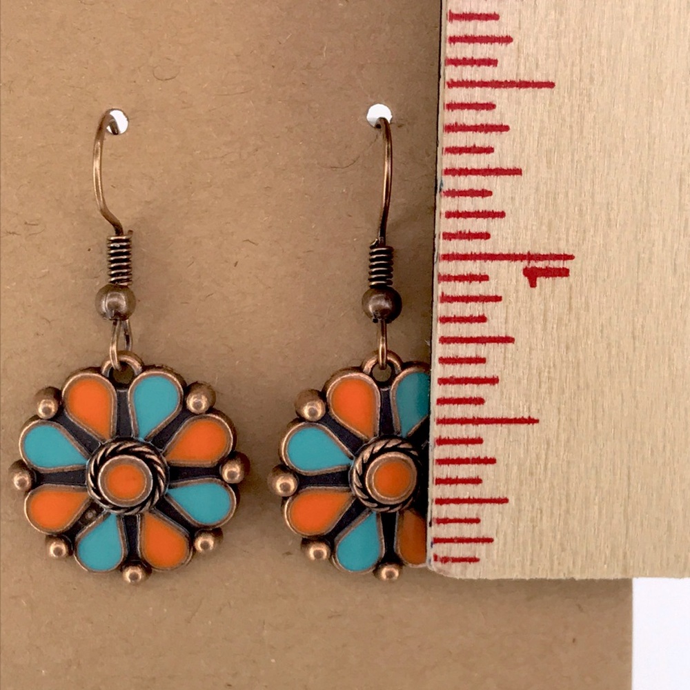Floral Enamel Bronze Bohemian Earrings in Orange and Teal Fashion Jewelry - Picture 2 of 3